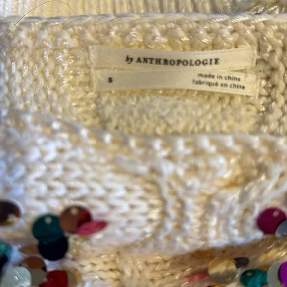 Anthropologie Lara ivory soft silky diamond pattern knit sequen accent sweater S - Picture 8 of 9